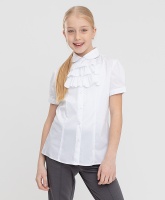 Блузка с коротким рукавом и жабо белая Button Blue, школьная форма для девочек  фото, kupilegko.ru